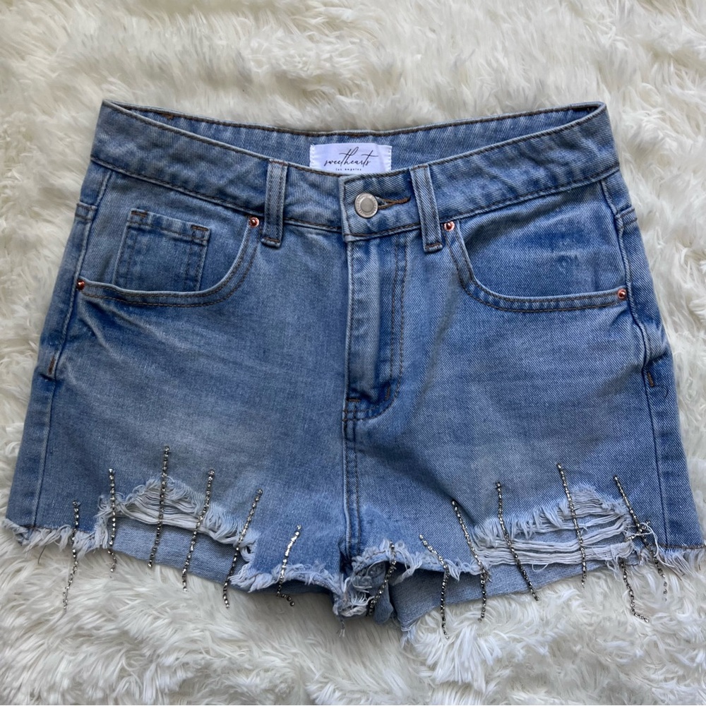 Sweethearts L.A. Light Wash Denim Shorts with Rhinestone Dangles